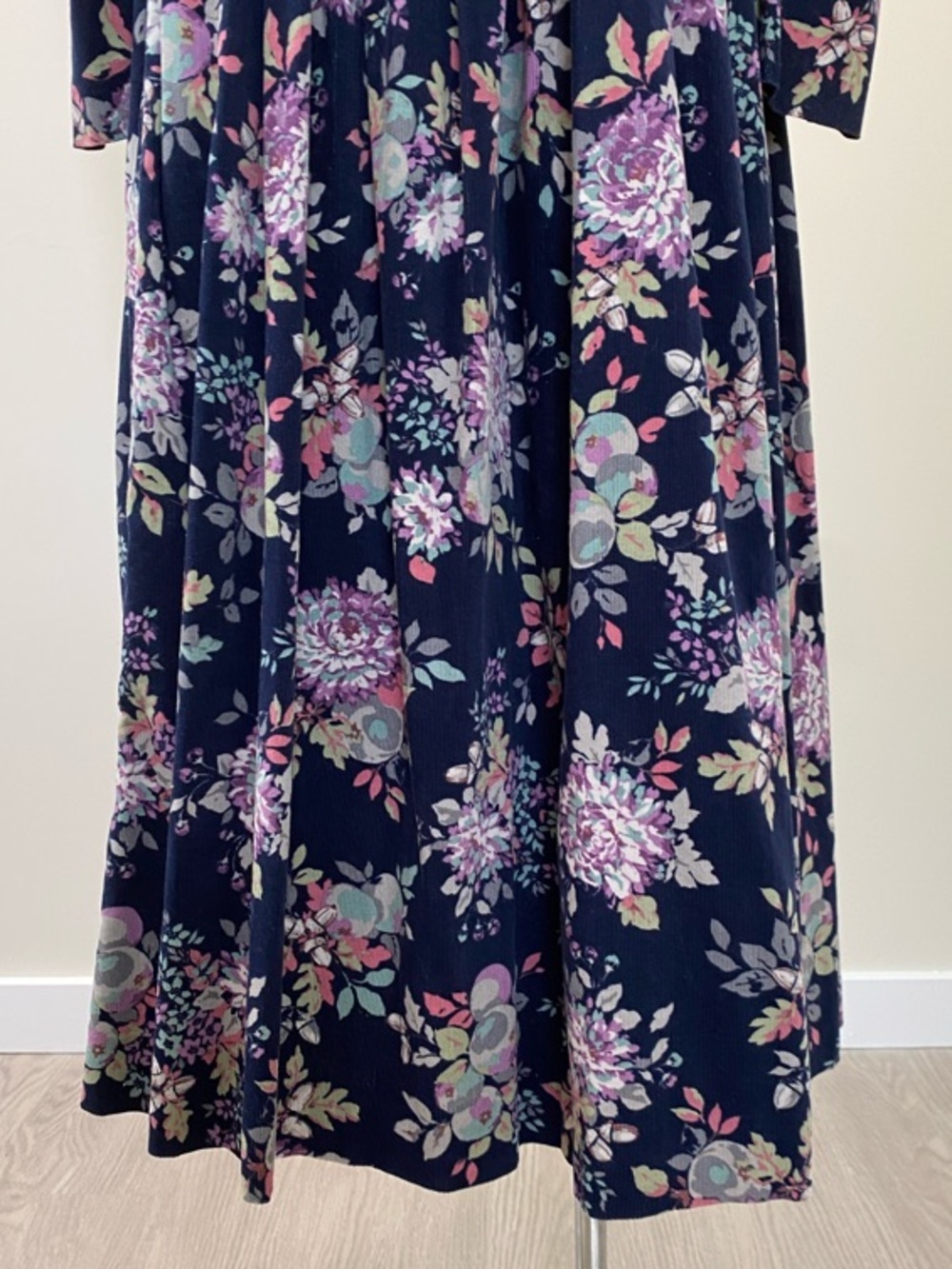 Vintage Laura Ashley Navy Floral Corduroy Long-Sleeve Midi Dress - Picture 4 of 15